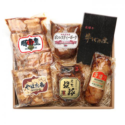 【直送】炭火焼豚・豚角煮・やはた巻き・飛騨牛しぐれ煮・チキンロール・ティーポーク・化粧箱