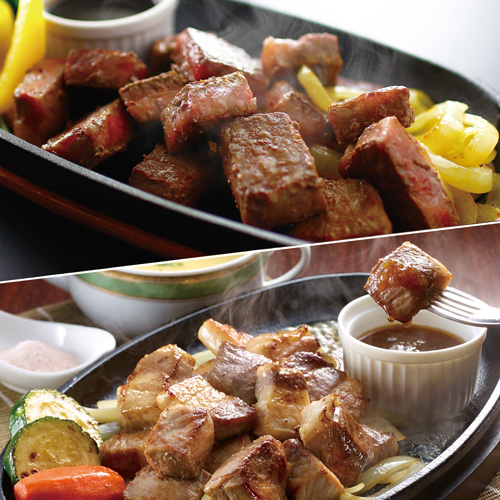 宮崎牛と九州産黒豚 角切りステーキ食べくらべ